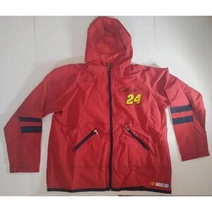 Nascar Red Hooded Kids' Rain Jacket with Navy Stripe Accents